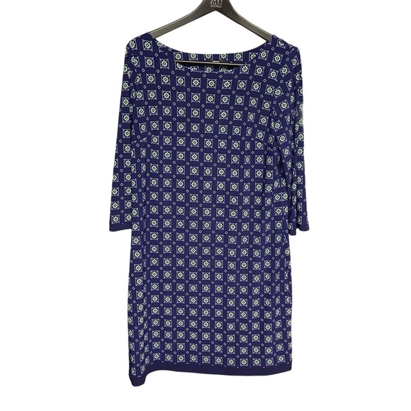 Tommy Hilfiger Geometric Print Sheath 3/4 Sleeve Knit Dress Size 12 Navy Boxy - Picture 2 of 9